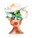 Abstract fictional face African American woman with flowers on her head watercolor illustration