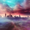 Abstract fictional scary dark wasteland city background aqua sky pink clouds