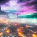 Abstract fictional scary dark wasteland city background green and purple clouds