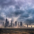 Abstract fictional scary dark wasteland city background light blue clouds