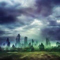 Abstract fictional scary dark wasteland city background looking ahead