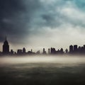 Abstract fictional scary dark wasteland city background sun beaming through clouds