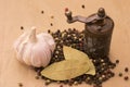 Fugural still life photo image of pile of spices, garlic, craft