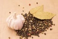 Fugural still life photo image of pile of spices, garlic, craft