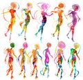 Abstract figures in vibrant colors form a dynamic composition. Each figure is