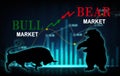 Abstract financial chart with bulls and bear in stock market, Bull market and Bare market symbols, stock market concept Royalty Free Stock Photo