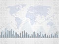 Abstract financial chart with uptrend line graph on number and world map. Candle stick graph of investment trading on world map.