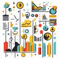 Abstract Financial Data Visualization Colorful Charts Graphs and Icons isolated on white background