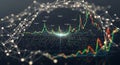 Abstract financial data visualization with glowing network nodes and stock market candlestick charts Royalty Free Stock Photo