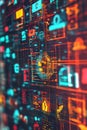 Abstract fintech badge layered over a colorful grid of animated financial icons.