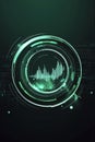 Abstract fintech emblem on a black gradient background with glowing digital charts.