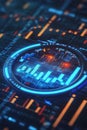 Abstract fintech icon illuminated by a blue glow surrounded by animated financial charts.