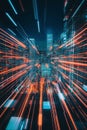Abstract fintech logo surrounded by animated light trails and digital data grids.