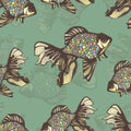 Abstract fish hand drawing seamless pattern, vector background. Decorative with motley multicolored scales on a green