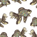 Abstract fish hand drawing seamless pattern, vector background. Decorative with motley multicolored scales on a white