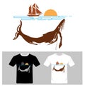 Abstract Fish . River and Boat, T-shirt graphic design. Royalty Free Stock Photo