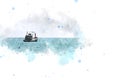 Abstract fishing long boat watercolor painting background.