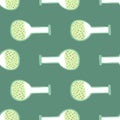 Abstract flask ornament seamless school pattern. Laboratory equipment on green background