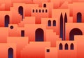 Abstract flat background with eastern, arabic or muslim ancient city with arches and step ladders in lush lava color