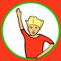 Abstract flat boy waving hand in a round window. Say Hello. Smiling avatar. Handsome blonde boy in red t-shirt