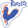 Abstract flat composition of rooster, blue lettering and contour of the drops.