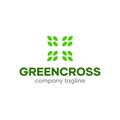 Abstract Flat Green Leaf Cross Health Logo Design Concept