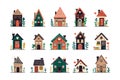 Abstract flat houses. Cute city neighborhood houses with roofs and windows, minimal residential real estate with floral