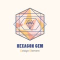 Abstract flat pink and orange triangle pattern inside hexagon shape and blue geometric lines with gem icon