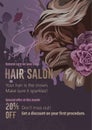 Abstract flayer for a beauty salon with curly hair and flowers.