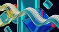 Abstract Floating Cubes and Wavy Lines on Dark Background with Dynamic Composition Royalty Free Stock Photo