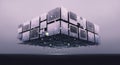 Abstract floating geometric cube composed of multiple smaller cubes arranged in a grid pattern with purple and blue gradient Royalty Free Stock Photo