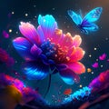 Abstract floral background with butterflies and flowers. Vector illustration in neon colors. generative AI Royalty Free Stock Photo