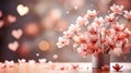 Abstract floral background in light pink and beige color. Flowers in a vase, and heart-shaped bokeh Royalty Free Stock Photo
