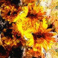 Abstract floral background with stylized bouquet of sunflowers on grunge striped and stained backdrop Royalty Free Stock Photo