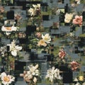 Abstract Floral Collage: Digital Art with Vintage Flowers and Pixelated Patterns. Royalty Free Stock Photo