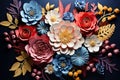 Abstract floral composition. Beautiful embroidery Flowers, leaves and berries