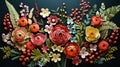 Abstract floral composition. Beautiful embroidery Flowers, leaves and berries