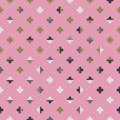 Seamless pattern of colourful four leaf clover symbols. The elements create chequered texture on happy pink background.