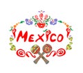 Abstract floral frame with mexico lettering and maracas