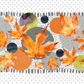 Watercolor autumn leaves, circle shapes on minimal doodle textures background. Royalty Free Stock Photo