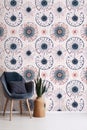 Abstract floral and geometric shapes wallpaper in blue and red colors, interior design, scandinavian style, art deco movement. Royalty Free Stock Photo