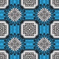 Abstract floral greek vector seamless pattern. Geometric tribal ethnic ornamental blue background. Beautiful flowers, geometry Royalty Free Stock Photo