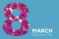 Abstract floral greeting card. Pink paper flowers 8 March on blue background. Happy Women`s Day.