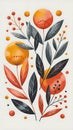 Abstract floral illustration with orange and grey leaves and berries botanical Royalty Free Stock Photo