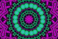 Abstract floral kaleidoscopic mandala in cyan purple and neon green, ornamental horizontal layout magic esoteric concept