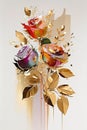 Abstract floral oil and gold painting. Colorful rose bouquet on white background. Generative AI Royalty Free Stock Photo