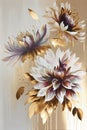 Abstract floral oil painting. Gold dahlia flowers on white background. Generative AI
