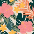 Abstract modern hibiscus flowers, plumeria and tropical leaves form a seamless floral pattern Royalty Free Stock Photo
