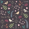 Abstract floral pattern with birds, hearts, leaves of trees, flowers and berries. Romantic seamless vector pattern for Valentine's Royalty Free Stock Photo