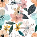 Abstract Floral Pattern with Pastel Blooms and Foliage